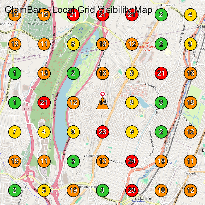 GlamBar Beauty Salon GeoGrid ranking map for Yonkers NY